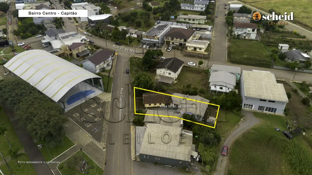 LOTE 001 - Área de 623,66m², contendo uma edificação de aproximadamente 255m² de área construída, situada na Rua Capitão Ribeiro, nº 45, bairro Centro, Capitão/RS
