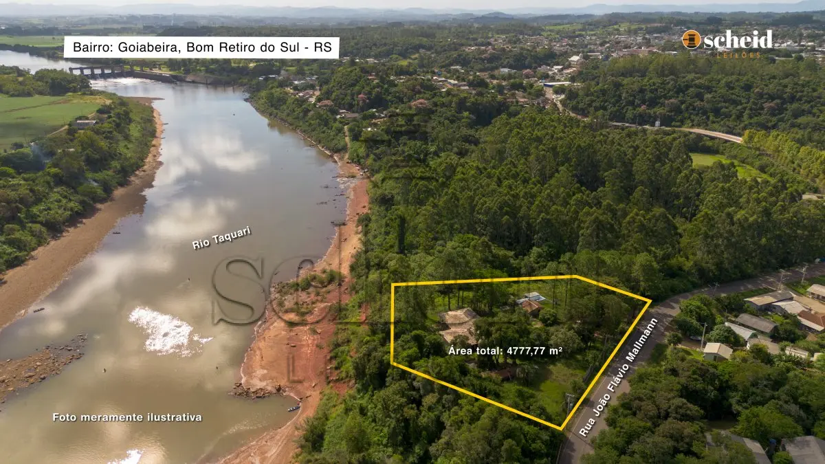 LOTE 003 - Área de 4.777,77m², contendo uma casa residencial de alvenaria com aproximadamente 300,39m² e um quiosque de 38,40m², situado na Rua João Flávio Mallmann, n° 209, Goiabeira, Bom Retiro do Sul/RS