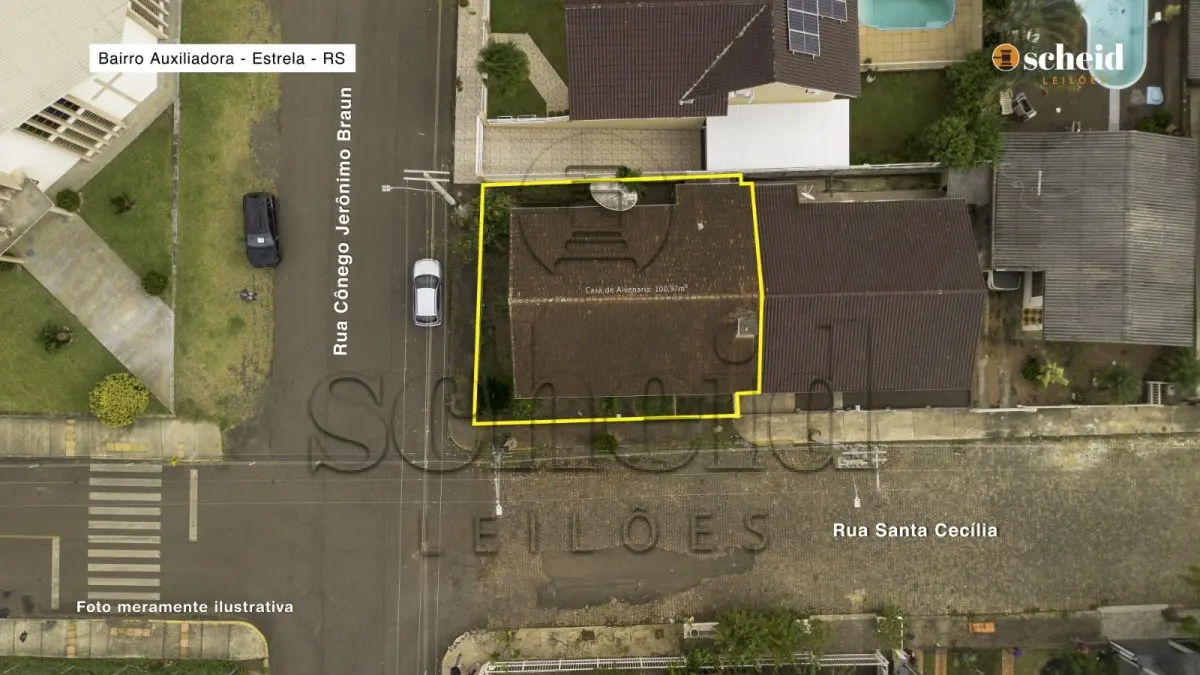 LOTE 006 - Unidade I – Uma casa de alvenaria com a área construída de 100,97m², localizada na rua Santa Cecília, n° 121, bairro Auxiliadora, esquina com a rua Cônego Jerônimo Braun, Estrela/RS