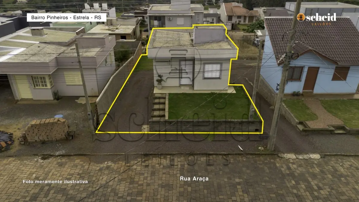 LOTE 007 - Área de 275,00m², contendo uma edificação de um prédio residencial em alvenaria com área de 40,84m², situado na Rua Araçá, n° 806, bairro Pinheiros, Estrela/RS