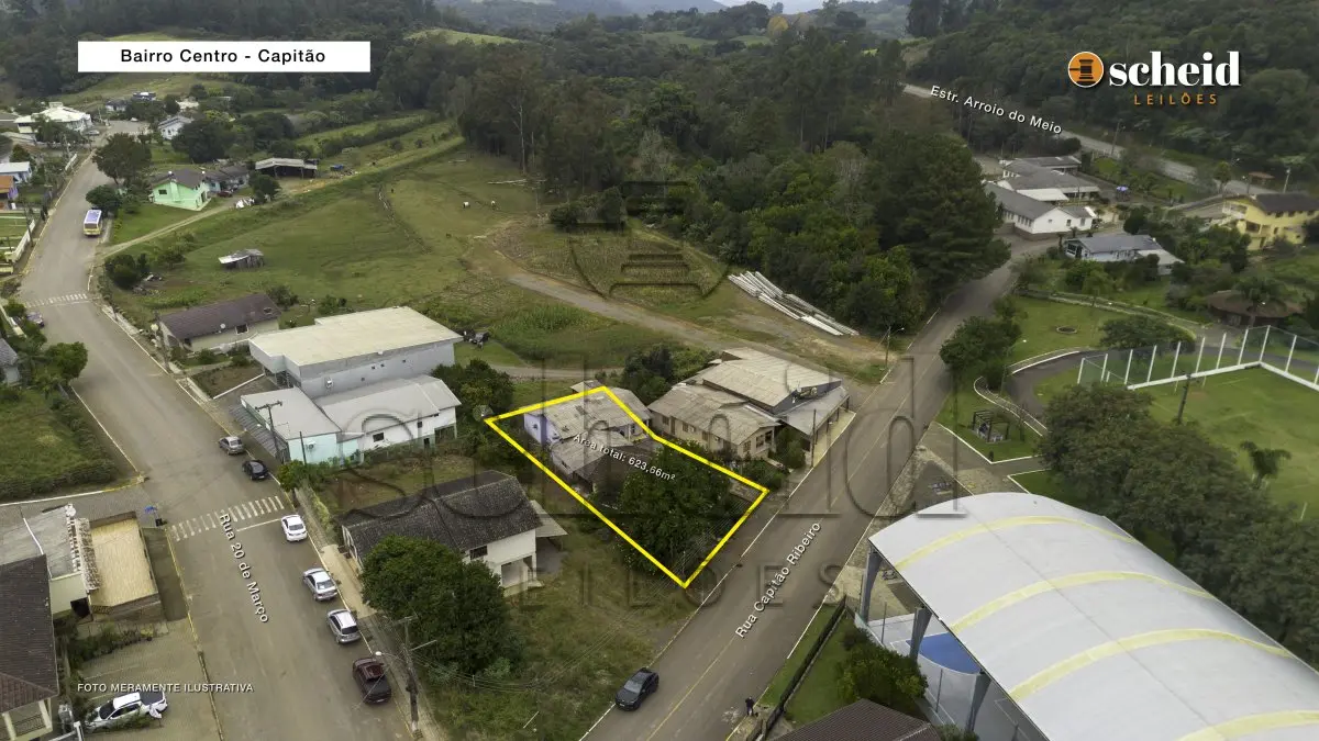 LOTE 001 - Área de 623,66m², contendo uma edificação de aproximadamente 255m² de área construída, situada na Rua Capitão Ribeiro, nº 45, bairro Centro, Capitão/RS