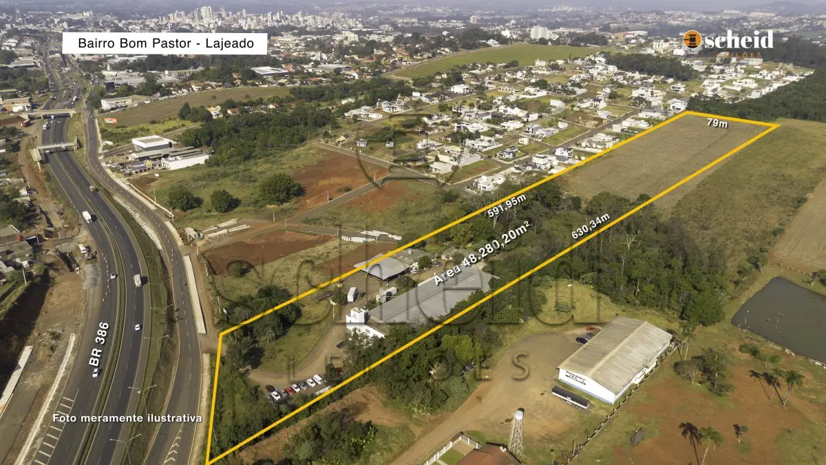 LOTE 001 - Área de 48.280,20m², contendo edificações com aproximadamente 3.641,92m², situada na BR 386, bairro Bom Pastor, Lajeado/RS