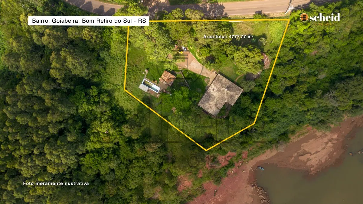 LOTE 003 - Área de 4.777,77m², contendo uma casa residencial de alvenaria com aproximadamente 300,39m² e um quiosque de 38,40m², situado na Rua João Flávio Mallmann, n° 209, Goiabeira, Bom Retiro do Sul/RS