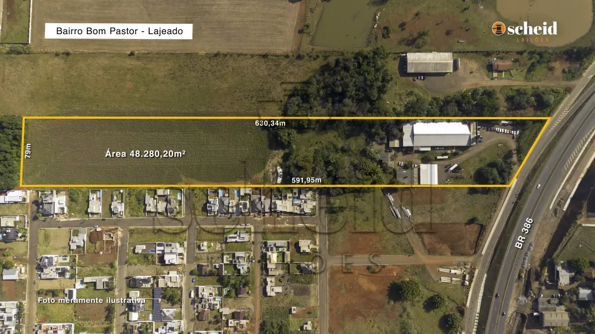 LOTE 001 - Área de 48.280,20m², contendo edificações com aproximadamente 3.641,92m², situada na BR 386, bairro Bom Pastor, Lajeado/RS