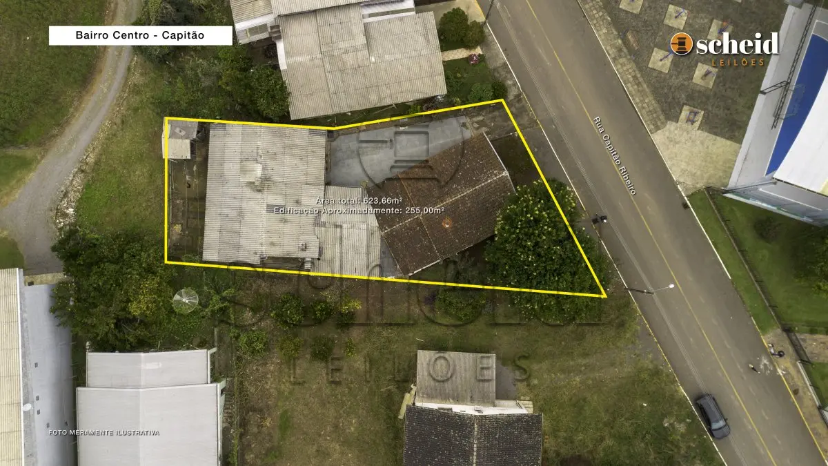 LOTE 001 - Área de 623,66m², contendo uma edificação de aproximadamente 255m² de área construída, situada na Rua Capitão Ribeiro, nº 45, bairro Centro, Capitão/RS