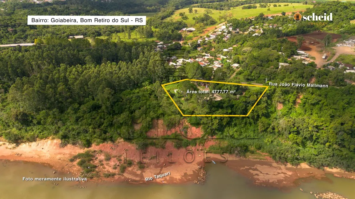 LOTE 003 - Área de 4.777,77m², contendo uma casa residencial de alvenaria com aproximadamente 300,39m² e um quiosque de 38,40m², situado na Rua João Flávio Mallmann, n° 209, Goiabeira, Bom Retiro do Sul/RS