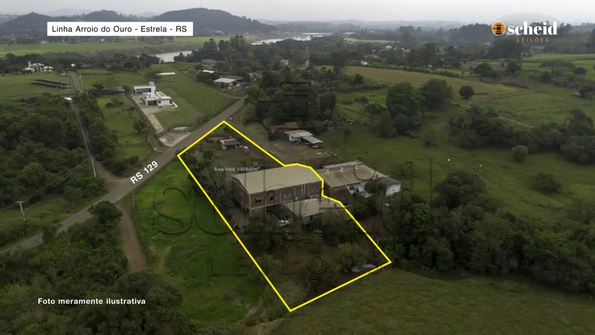 LOTE 005 - Área de 3.508,60m², contendo um pavilhão industrial em alvenaria com 644,60m², uma casa de construção mista e um alojamento para cavalos, localizada na RS/129, Linha Arroio do Ouro, Estrela/RS
