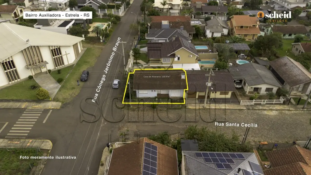 LOTE 006 - Unidade I – Uma casa de alvenaria com a área construída de 100,97m², localizada na rua Santa Cecília, n° 121, bairro Auxiliadora, esquina com a rua Cônego Jerônimo Braun, Estrela/RS