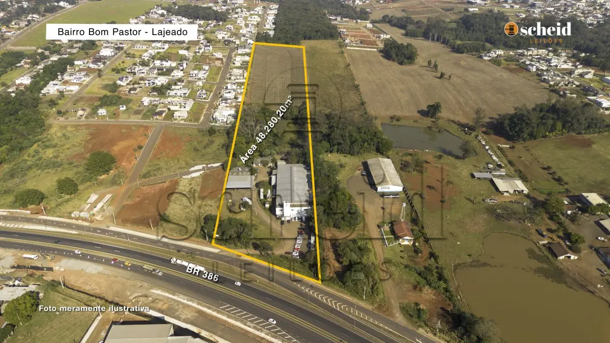 LOTE 001 - Área de 48.280,20m², contendo edificações com aproximadamente 3.641,92m², situada na BR 386, bairro Bom Pastor, Lajeado/RS