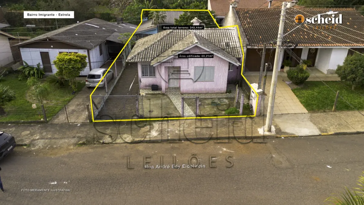 Área de 349,44m², contendo um prédio residencial em alvenaria com 60,21m² e outra edificação aos fundos do terreno, localizado na rua andré edy eidelwein, nº 712, bairro imigrantes, estrela/rs