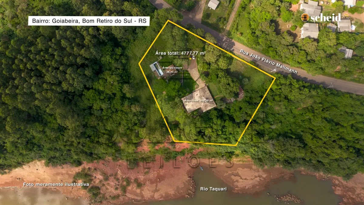 LOTE 003 - Área de 4.777,77m², contendo uma casa residencial de alvenaria com aproximadamente 300,39m² e um quiosque de 38,40m², situado na Rua João Flávio Mallmann, n° 209, Goiabeira, Bom Retiro do Sul/RS