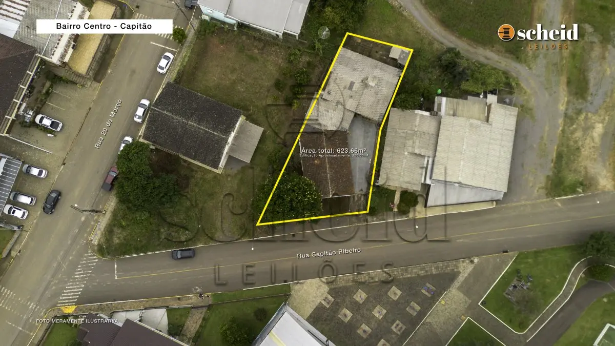 LOTE 001 - Área de 623,66m², contendo uma edificação de aproximadamente 255m² de área construída, situada na Rua Capitão Ribeiro, nº 45, bairro Centro, Capitão/RS
