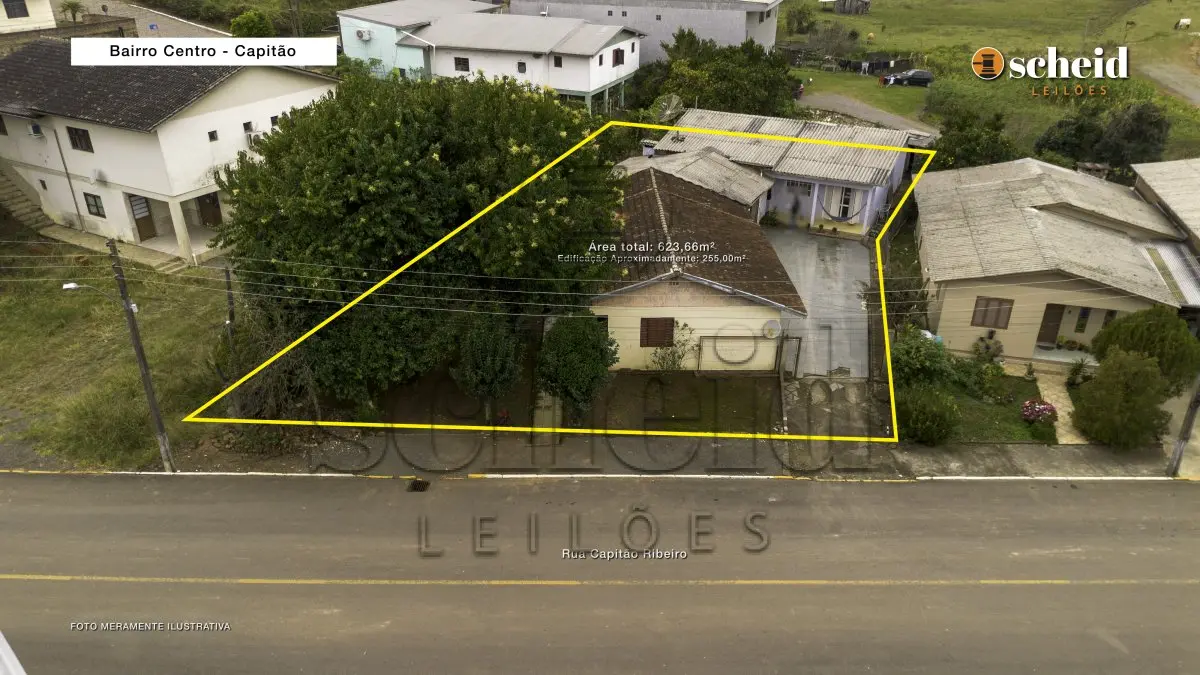 LOTE 001 - Área de 623,66m², contendo uma edificação de aproximadamente 255m² de área construída, situada na Rua Capitão Ribeiro, nº 45, bairro Centro, Capitão/RS