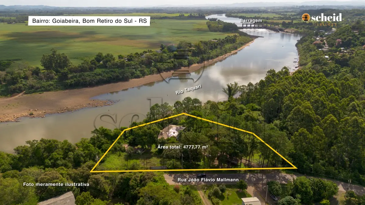 LOTE 003 - Área de 4.777,77m², contendo uma casa residencial de alvenaria com aproximadamente 300,39m² e um quiosque de 38,40m², situado na Rua João Flávio Mallmann, n° 209, Goiabeira, Bom Retiro do Sul/RS