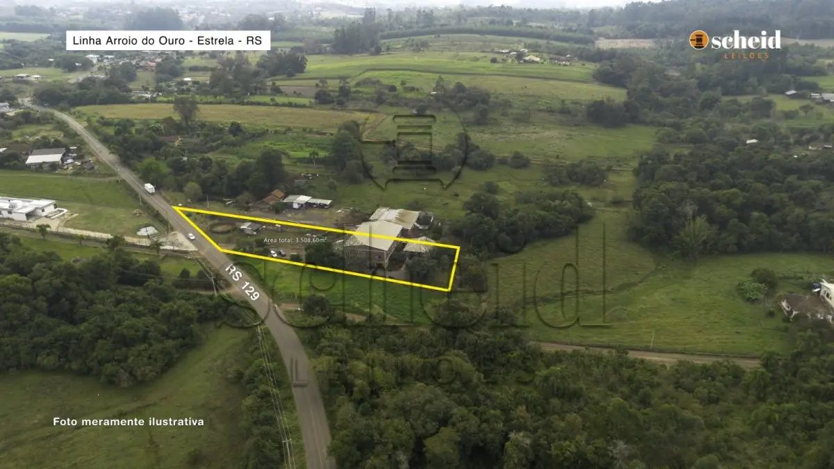 LOTE 005 - Área de 3.508,60m², contendo um pavilhão industrial em alvenaria com 644,60m², uma casa de construção mista e um alojamento para cavalos, localizada na RS/129, Linha Arroio do Ouro, Estrela/RS