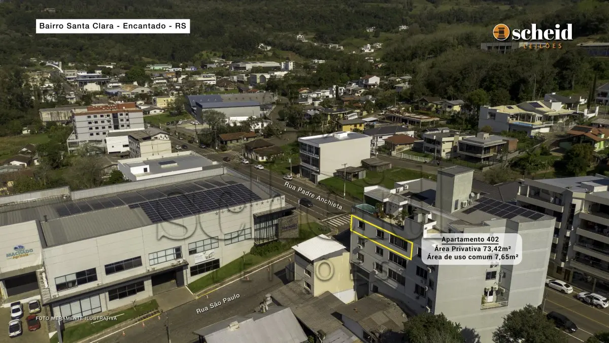 LOTE 001 - APARTAMENTO 402, localizado no quarto pavimento, fundos, do Condomínio Gerhardt, sito a Rua Padre Anchieta, n° 680, bairro Santa Clara, Encantado/RS