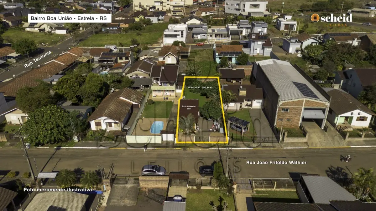 LOTE 004 - Área de 390,44m², contendo um prédio residencial em alvenaria com 38,00m², localizado na Rua João Fritholdo Wathier, n° 153, bairro Boa União, Estrela/RS