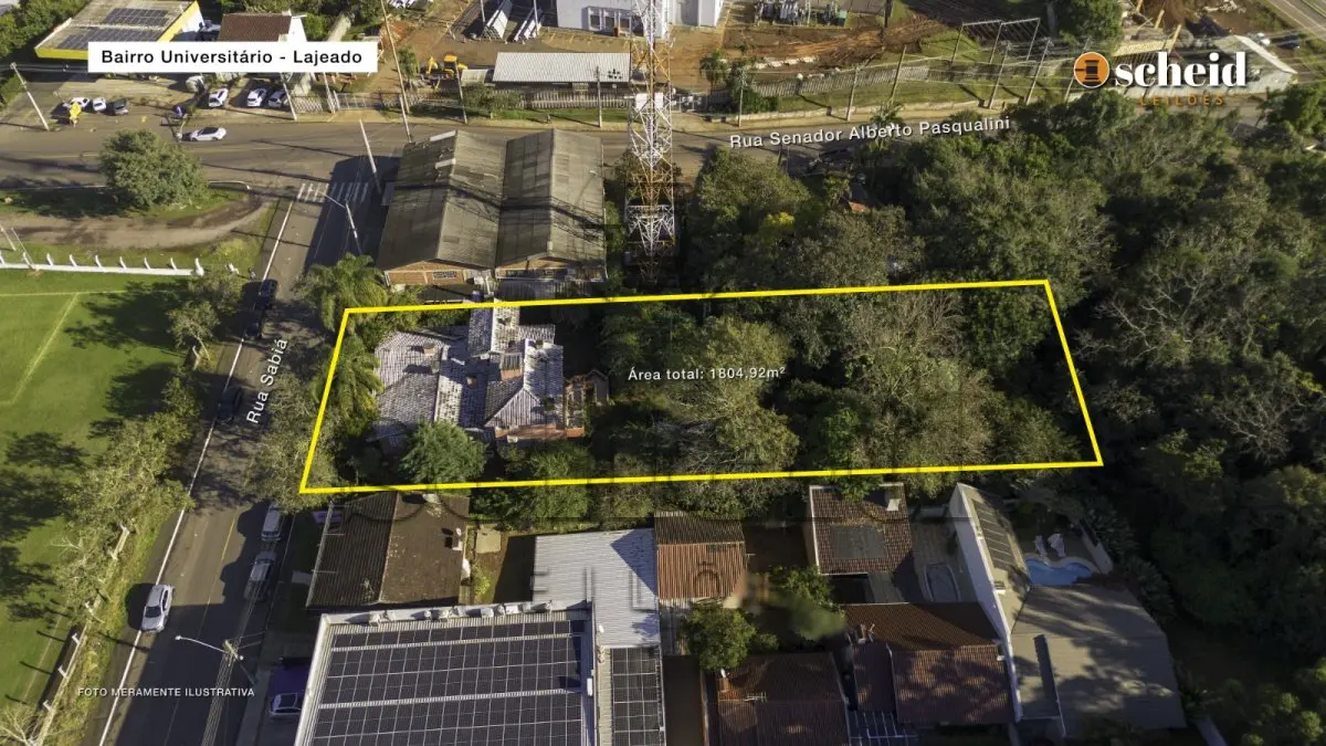 LOTE 001 - Área de 1.804,92m², contendo um prédio de alvenaria de dois pavimentos, medindo 62,34m² o pavimento inferior e 177,78m² o pavimento superior, situado à Rua Sabiá, n° 48, bairro Universitário, Lajeado/RS