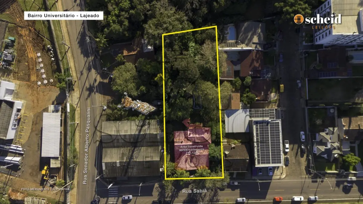 LOTE 001 - Área de 1.804,92m², contendo um prédio de alvenaria de dois pavimentos, medindo 62,34m² o pavimento inferior e 177,78m² o pavimento superior, situado à Rua Sabiá, n° 48, bairro Universitário, Lajeado/RS