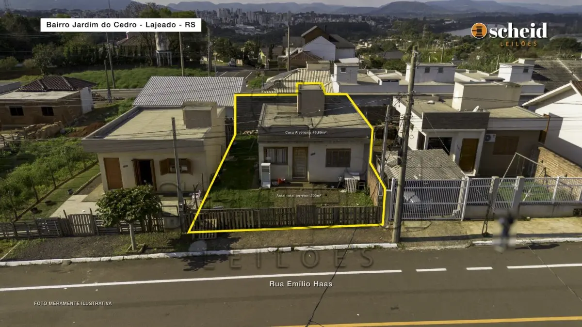 LOTE 003 - Área de 200,00m², contendo uma casa residencial em alvenaria com 46,85m², localizado na Rua Emílio Haas, nº 1.132, bairro Jardim do Cedro, Lajeado/RS