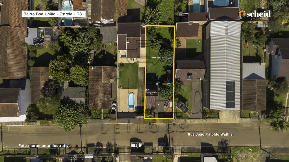 LOTE 004 - Área de 390,44m², contendo um prédio residencial em alvenaria com 38,00m², localizado na Rua João Fritholdo Wathier, n° 153, bairro Boa União, Estrela/RS