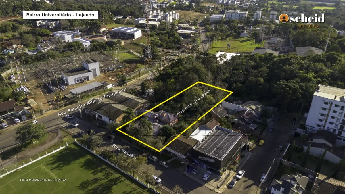 LOTE 001 - Área de 1.804,92m², contendo um prédio de alvenaria de dois pavimentos, medindo 62,34m² o pavimento inferior e 177,78m² o pavimento superior, situado à Rua Sabiá, n° 48, bairro Universitário, Lajeado/RS