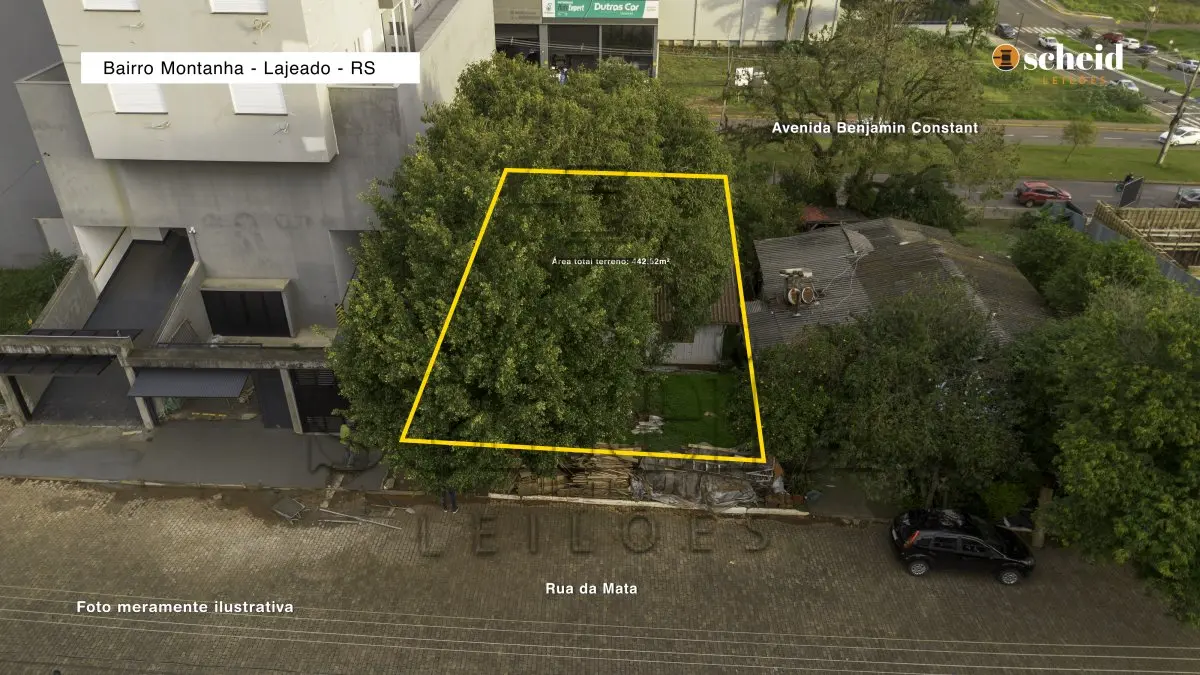 LOTE 002 - Área de 442,52m², contendo uma casa residencial de madeira com 48,00m e um aumento residencial de alvenaria de 32,19m', localizado na Rua da Mata, n° 52, bairro Montanha, Lajeado/RS