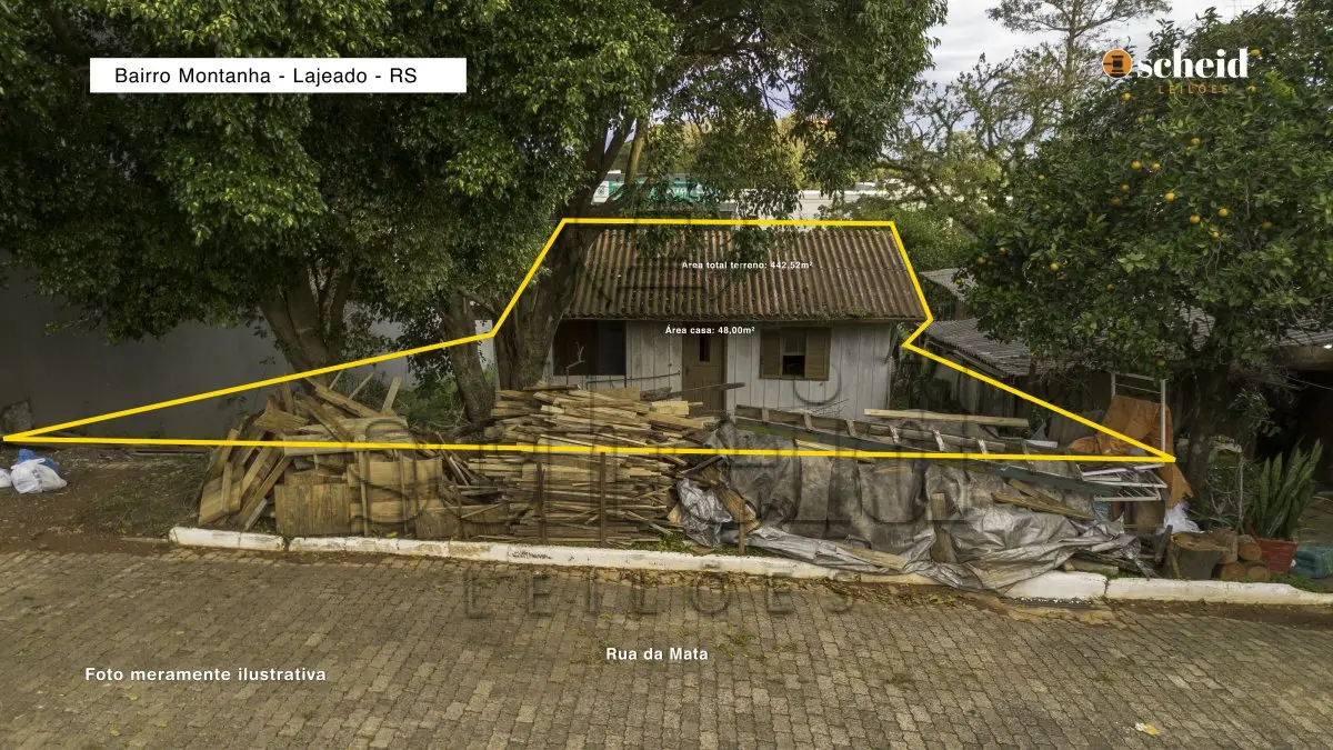 LOTE 002 - Área de 442,52m², contendo uma casa residencial de madeira com 48,00m e um aumento residencial de alvenaria de 32,19m', localizado na Rua da Mata, n° 52, bairro Montanha, Lajeado/RS