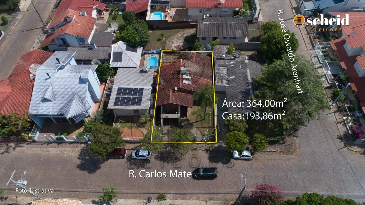 Área de 364,00m², medido 13,00m de frente por 28,00m de frente a fundos, contendo uma casa de alvenaria com 193,86m², de dois pavimentos, localizado na rua carlos matte, nº 457, alto da bronze, estrela/rs