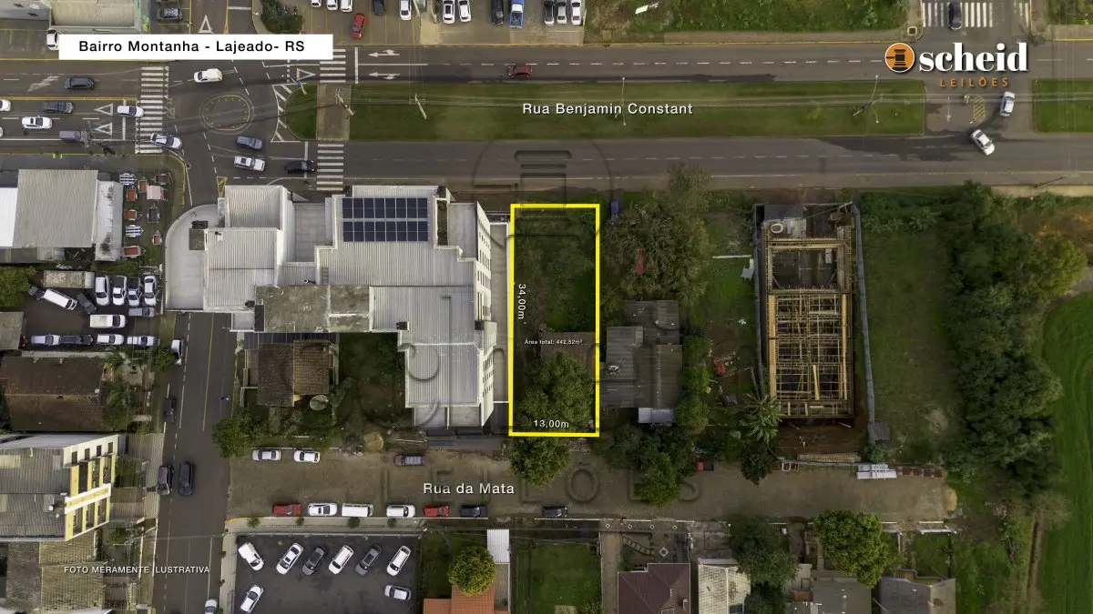 LOTE 002 - Área de 442,52m², contendo uma casa residencial de madeira com 48,00m e um aumento residencial de alvenaria de 32,19m', localizado na Rua da Mata, n° 52, bairro Montanha, Lajeado/RS