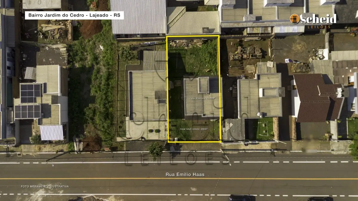 LOTE 003 - Área de 200,00m², contendo uma casa residencial em alvenaria com 46,85m², localizado na Rua Emílio Haas, nº 1.132, bairro Jardim do Cedro, Lajeado/RS