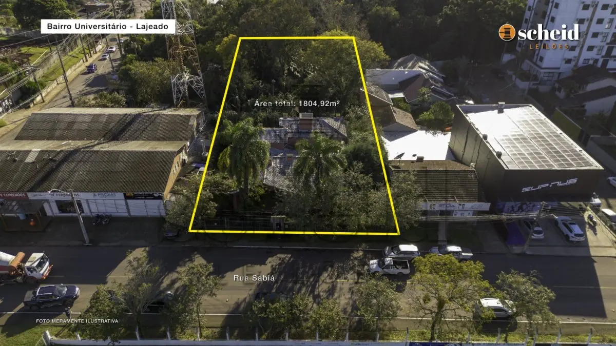 LOTE 001 - Área de 1.804,92m², contendo um prédio de alvenaria de dois pavimentos, medindo 62,34m² o pavimento inferior e 177,78m² o pavimento superior, situado à Rua Sabiá, n° 48, bairro Universitário, Lajeado/RS