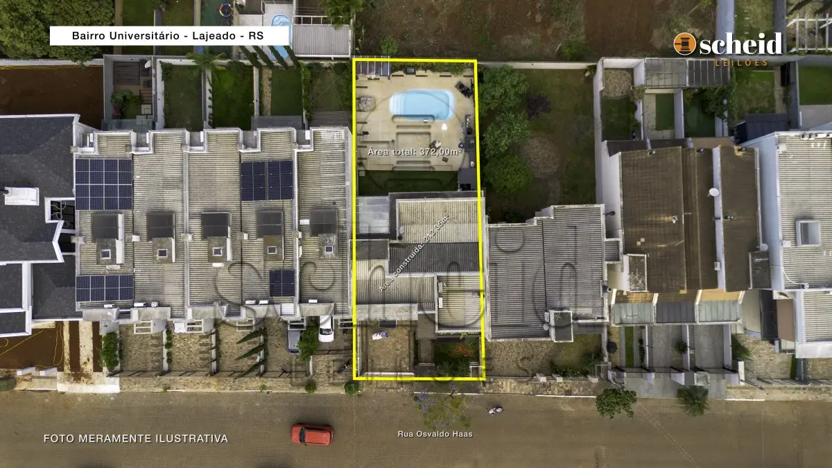 LOTE 001 - Área de 372,00m², edificada uma casa residencial em alvenaria com dois pavimentos, totalizando 212,35m² de área construída, localizada na Rua Osvaldo Haas, n° 361, bairro Universitário, Lajeado/RS