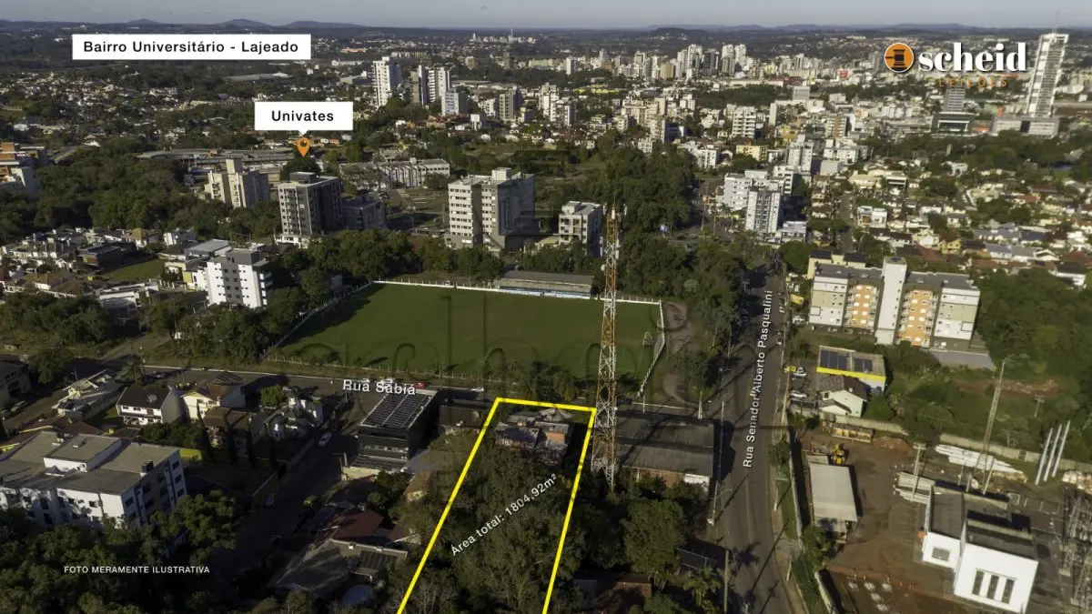 LOTE 001 - Área de 1.804,92m², contendo um prédio de alvenaria de dois pavimentos, medindo 62,34m² o pavimento inferior e 177,78m² o pavimento superior, situado à Rua Sabiá, n° 48, bairro Universitário, Lajeado/RS