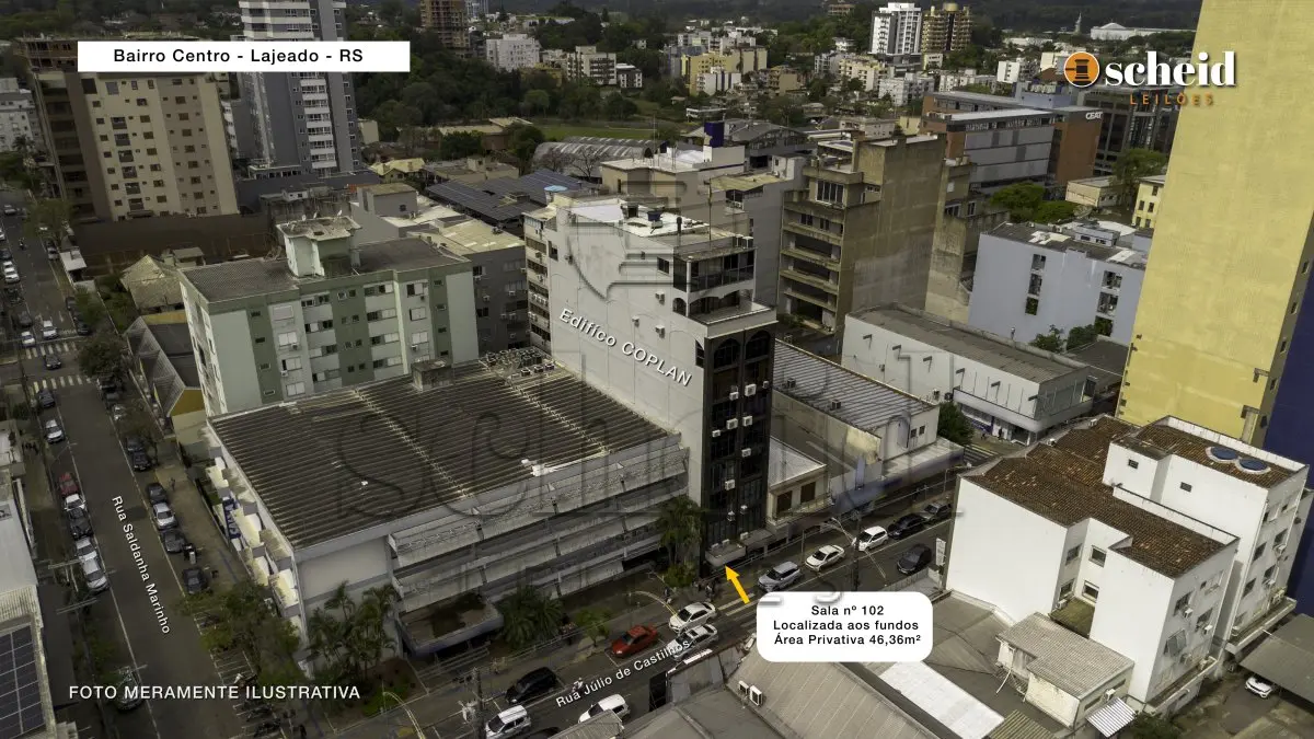 Sala n° 102 com a área privativa de divisão não proporcional de 46,36m², localizado no 1° pavimento, no edifício profissional coplan, situado à rua júlio de castilhos, n° 1001, centro, lajeado/rs