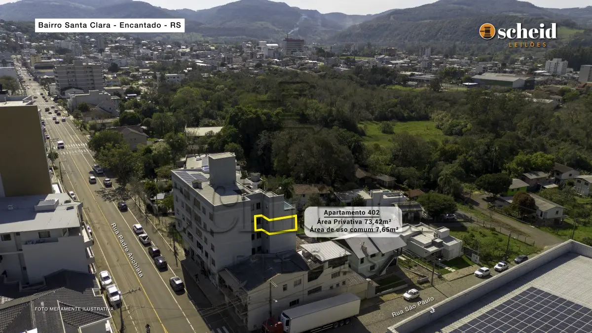 LOTE 001 - APARTAMENTO 402, localizado no quarto pavimento, fundos, do Condomínio Gerhardt, sito a Rua Padre Anchieta, n° 680, bairro Santa Clara, Encantado/RS