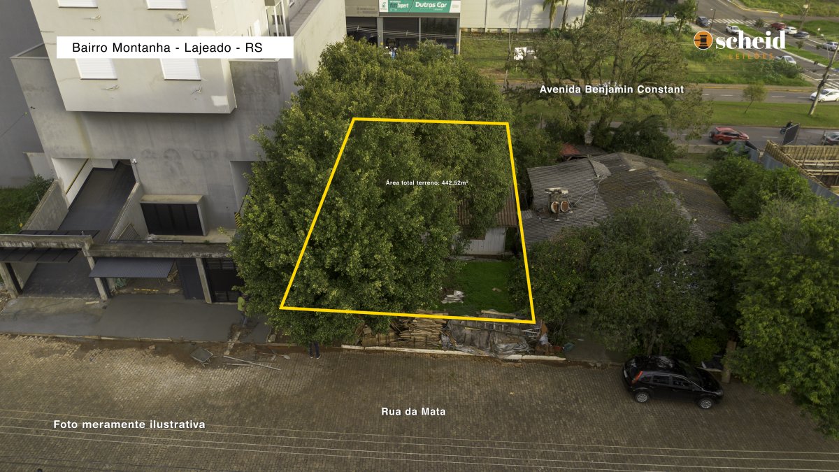 LOTE 002 - Área de 442,52m², contendo uma casa residencial de madeira com 48,00m e um aumento residencial de alvenaria de 32,19m', localizado na Rua da Mata, n° 52, bairro Montanha, Lajeado/RS