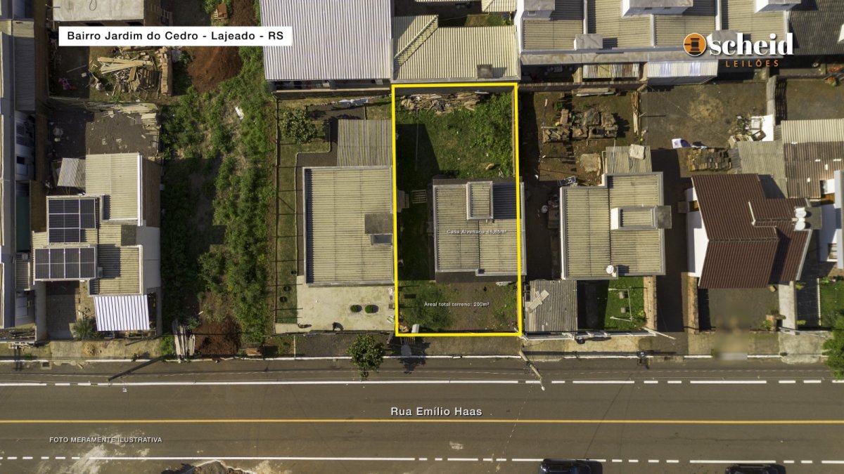 LOTE 003 - Área de 200,00m², contendo uma casa residencial em alvenaria com 46,85m², localizado na Rua Emílio Haas, nº 1.132, bairro Jardim do Cedro, Lajeado/RS