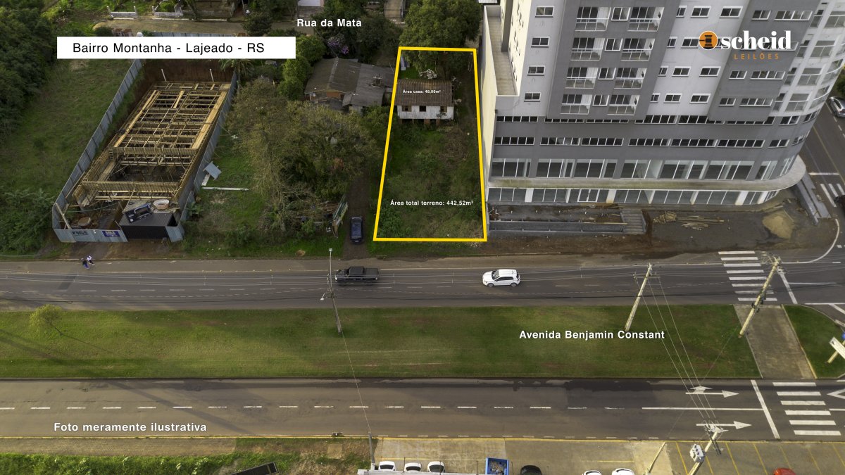 LOTE 002 - Área de 442,52m², contendo uma casa residencial de madeira com 48,00m e um aumento residencial de alvenaria de 32,19m', localizado na Rua da Mata, n° 52, bairro Montanha, Lajeado/RS