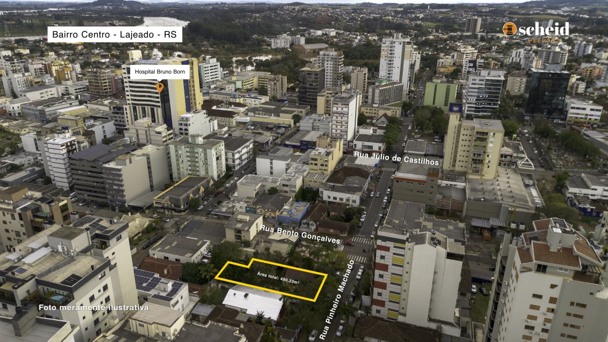 LOTE 001 - Área de 490,23m², contendo uma casa residencial de alvenaria com 77,00m², um galpão de madeira com 11 50m² e um telheiro de madeira com 21,00m², localizado na Rua Pinheiro Machado, nº 198, bairro Centro, Lajeado/RS
